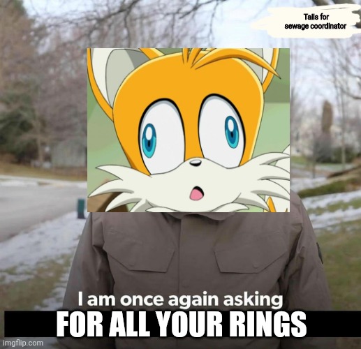 Tails needs rings | Tails for sewage coordinator; FOR ALL YOUR RINGS | image tagged in bernie,tails,rings,sonic the hedgehog | made w/ Imgflip meme maker
