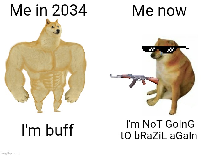 Buff Doge vs. Cheems Meme | Me in 2034; Me now; I'm buff; I'm NoT GoInG tO bRaZiL aGaIn | image tagged in memes,buff doge vs cheems | made w/ Imgflip meme maker