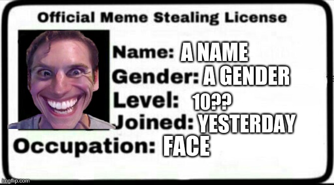 Meme Stealing License | A NAME; A GENDER; 10?? YESTERDAY; FACE | image tagged in meme stealing license,meme,funny,funny meme,hahaha | made w/ Imgflip meme maker