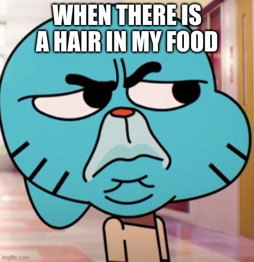 hair in my food | WHEN THERE IS A HAIR IN MY FOOD | image tagged in gumball wtf,hair | made w/ Imgflip meme maker