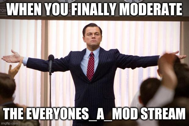 lol | WHEN YOU FINALLY MODERATE; THE EVERYONES_A_MOD STREAM | image tagged in wolf of wallstreet | made w/ Imgflip meme maker