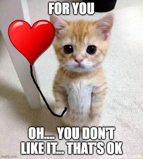 You like kitty? |  FOR YOU; I WOVE YOU; OH.... YOU DON'T LIKE IT... THAT'S OK | image tagged in memes,cute cat,heart ballon,kitty,catslovers | made w/ Imgflip meme maker