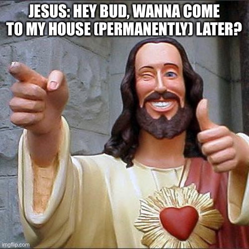 Would you? | JESUS: HEY BUD, WANNA COME TO MY HOUSE (PERMANENTLY) LATER? | image tagged in memes,buddy christ | made w/ Imgflip meme maker