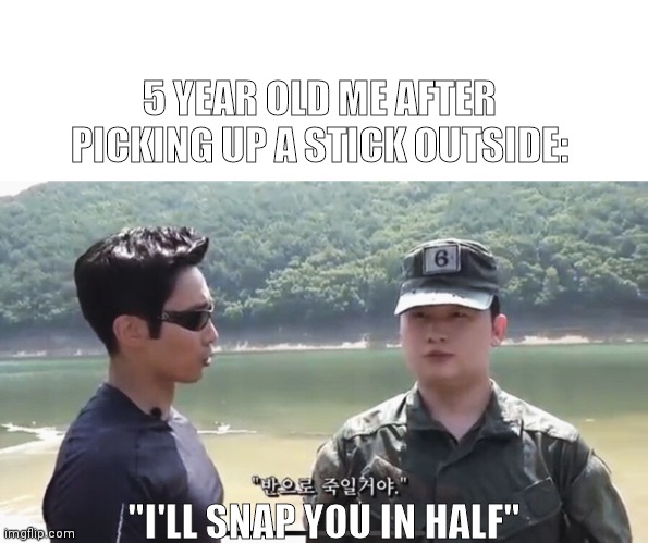 UDT instructor and trainee | 5 YEAR OLD ME AFTER PICKING UP A STICK OUTSIDE:; "I'LL SNAP YOU IN HALF" | image tagged in memes,funny | made w/ Imgflip meme maker