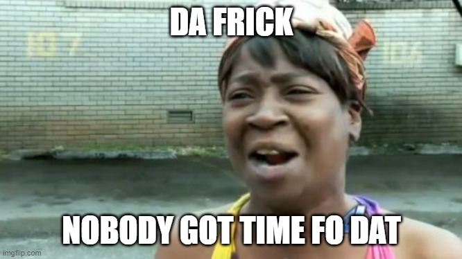 Ain't Nobody Got Time For That | DA FRICK; NOBODY GOT TIME FO DAT | image tagged in memes,ain't nobody got time for that | made w/ Imgflip meme maker