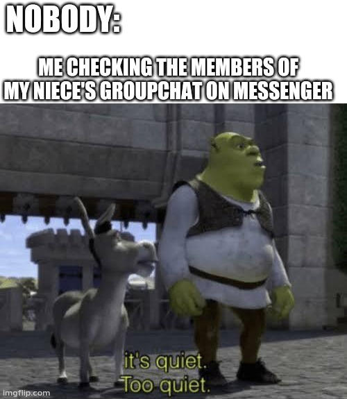 NOBODY:; ME CHECKING THE MEMBERS OF MY NIECE'S GROUPCHAT ON MESSENGER | made w/ Imgflip meme maker