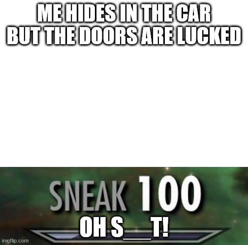 This Is a true story. JK hahaha!!! | ME HIDES IN THE CAR BUT THE DOORS ARE LUCKED; OH S__T! | image tagged in sneak 100 | made w/ Imgflip meme maker