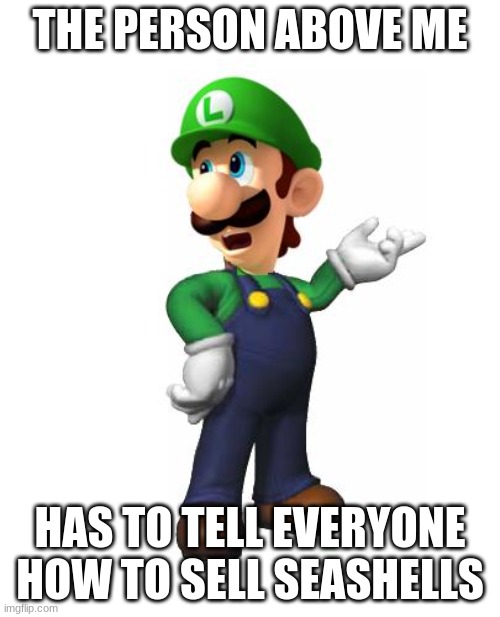 Logic Luigi | THE PERSON ABOVE ME; HAS TO TELL EVERYONE HOW TO SELL SEASHELLS | image tagged in logic luigi | made w/ Imgflip meme maker