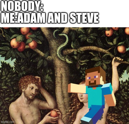 NOBODY:; ME:ADAM AND STEVE | image tagged in blank white template,adam and eve | made w/ Imgflip meme maker