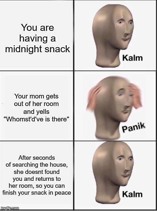 *Insert Bruh Here* | You are having a midnight snack; Your mom gets out of her room and yells "Whomst'd've is there"; After seconds of searching the house, she doesnt found you and returns to her room, so you can finish your snack in peace | image tagged in reverse kalm panik | made w/ Imgflip meme maker