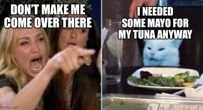 Triggering conservatards everywhere | I NEEDED SOME MAYO FOR MY TUNA ANYWAY; DON’T MAKE ME COME OVER THERE | image tagged in woman pointing at raycat,memes | made w/ Imgflip meme maker