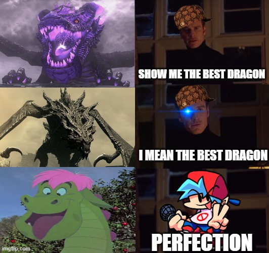 I love my goofball okay?! | SHOW ME THE BEST DRAGON; I MEAN THE BEST DRAGON; PERFECTION | image tagged in perfection,super mario odyssey,elder scrolls,disney | made w/ Imgflip meme maker