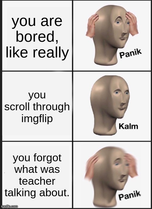 TrUe StOrY | you are bored, like really; you scroll through imgflip; you forgot what was teacher talking about. | image tagged in memes,panik kalm panik | made w/ Imgflip meme maker