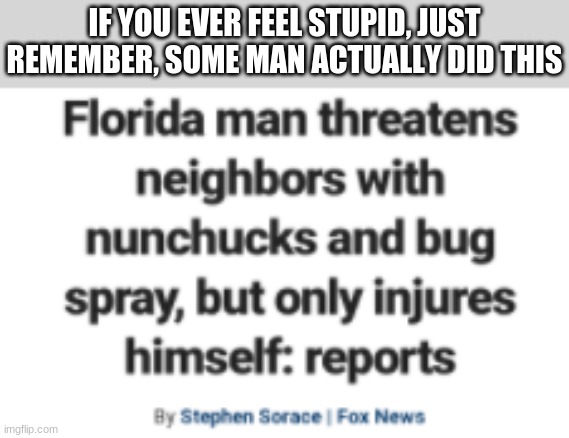 Nunchucks and bugspray: A deadly combination | IF YOU EVER FEEL STUPID, JUST REMEMBER, SOME MAN ACTUALLY DID THIS | image tagged in funny memes,oh wow are you actually reading these tags | made w/ Imgflip meme maker