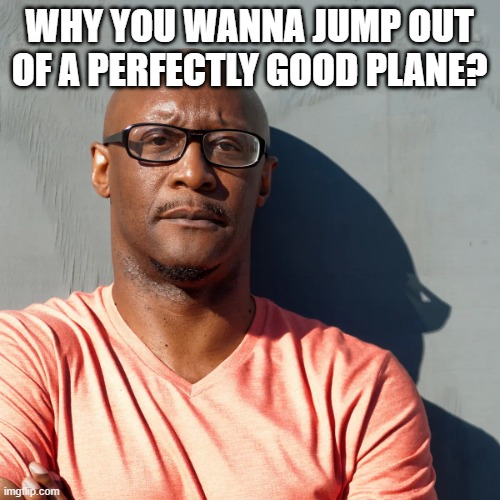 Say what? | WHY YOU WANNA JUMP OUT OF A PERFECTLY GOOD PLANE? | image tagged in say what | made w/ Imgflip meme maker