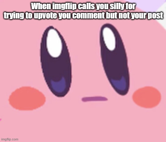 bruh | When imgflip calls you silly for trying to upvote you comment but not your post | image tagged in blank kirby face,bruh | made w/ Imgflip meme maker