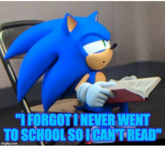 no reading? | "I FORGOT I NEVER WENT TO SCHOOL SO I CAN'T READ" | image tagged in sonic | made w/ Imgflip meme maker
