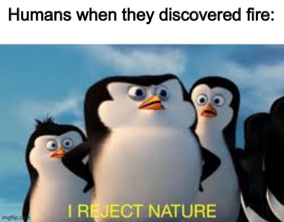 i reject nature | Humans when they discovered fire: | image tagged in i reject nature | made w/ Imgflip meme maker