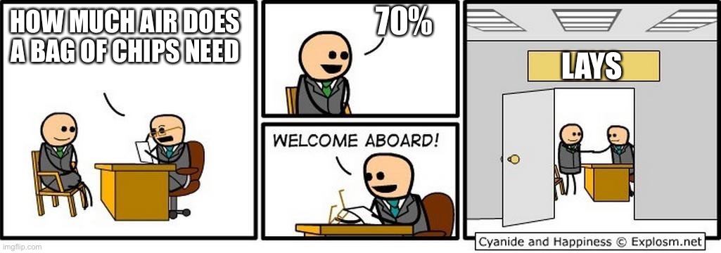 First usage of this template | 70%; HOW MUCH AIR DOES A BAG OF CHIPS NEED; LAYS | image tagged in job interview | made w/ Imgflip meme maker