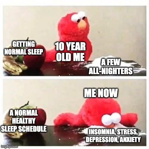 elmo cocaine | GETTING NORMAL SLEEP; 10 YEAR OLD ME; A FEW ALL-NIGHTERS; ME NOW; A NORMAL HEALTHY SLEEP SCHEDULE; INSOMNIA, STRESS, DEPRESSION, ANXIETY | image tagged in elmo cocaine | made w/ Imgflip meme maker