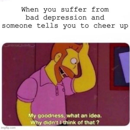 Depression | When you suffer from bad depression and someone tells you to cheer up | image tagged in my goodness what an idea why didn't i think of that,oh wow are you actually reading these tags | made w/ Imgflip meme maker