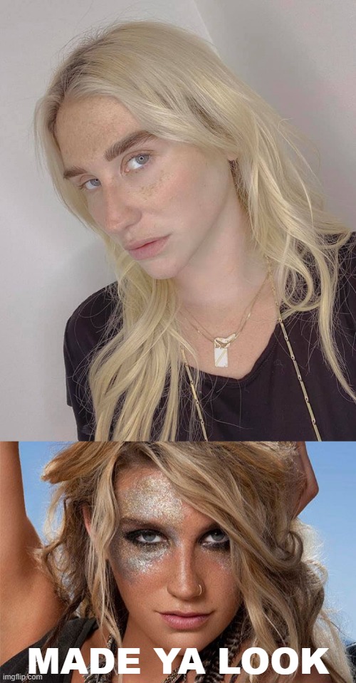 Kesha playing around with the "male" filter on FaceApp, it appears :) | MADE YA LOOK | image tagged in kesha as a man,kesha glitter | made w/ Imgflip meme maker