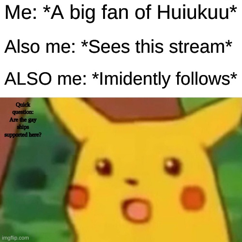 I shall post here once a week if I can | Me: *A big fan of Huiukuu*; Also me: *Sees this stream*; ALSO me: *Imidently follows*; Quick question: Are the gay ships supported here? | image tagged in memes,surprised pikachu | made w/ Imgflip meme maker