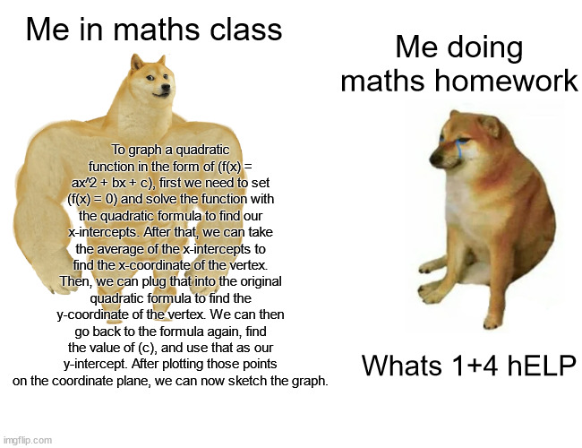 Maths is hard okay | Me in maths class; Me doing maths homework; To graph a quadratic function in the form of (f(x) = ax^2 + bx + c), first we need to set (f(x) = 0) and solve the function with the quadratic formula to find our x-intercepts. After that, we can take the average of the x-intercepts to find the x-coordinate of the vertex. Then, we can plug that into the original quadratic formula to find the y-coordinate of the vertex. We can then go back to the formula again, find the value of (c), and use that as our y-intercept. After plotting those points on the coordinate plane, we can now sketch the graph. Whats 1+4 hELP | image tagged in memes,buff doge vs cheems | made w/ Imgflip meme maker