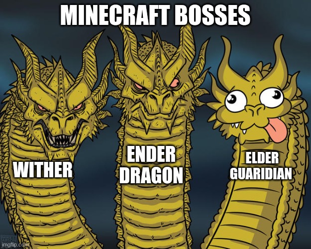 Very true | MINECRAFT BOSSES; ENDER DRAGON; ELDER GUARDIAN; WITHER | image tagged in three-headed dragon | made w/ Imgflip meme maker