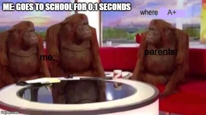 Where banana blank | ME: GOES TO SCHOOL FOR 0.1 SECONDS; A+; me:; parents: | image tagged in where banana blank | made w/ Imgflip meme maker