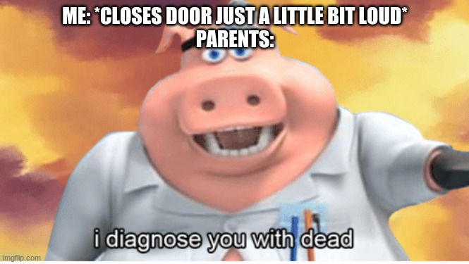 my parents: | ME: *CLOSES DOOR JUST A LITTLE BIT LOUD*
PARENTS: | image tagged in i diagnose you with dead,memes | made w/ Imgflip meme maker