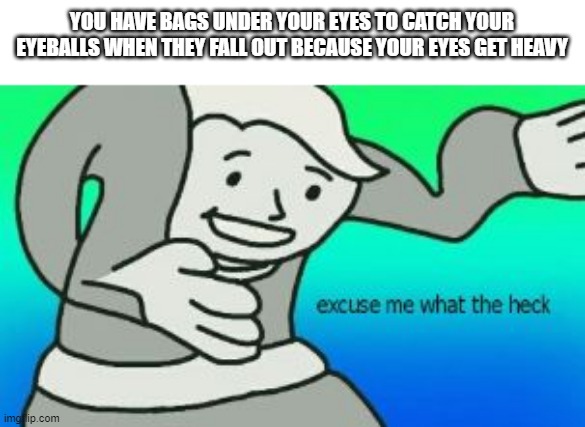 baggy eye lore | YOU HAVE BAGS UNDER YOUR EYES TO CATCH YOUR EYEBALLS WHEN THEY FALL OUT BECAUSE YOUR EYES GET HEAVY | image tagged in fallout boy excuse me wyf | made w/ Imgflip meme maker