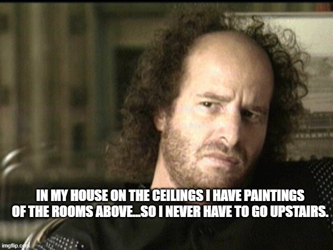 Steven Wright | IN MY HOUSE ON THE CEILINGS I HAVE PAINTINGS OF THE ROOMS ABOVE…SO I NEVER HAVE TO GO UPSTAIRS. | image tagged in steven wright | made w/ Imgflip meme maker