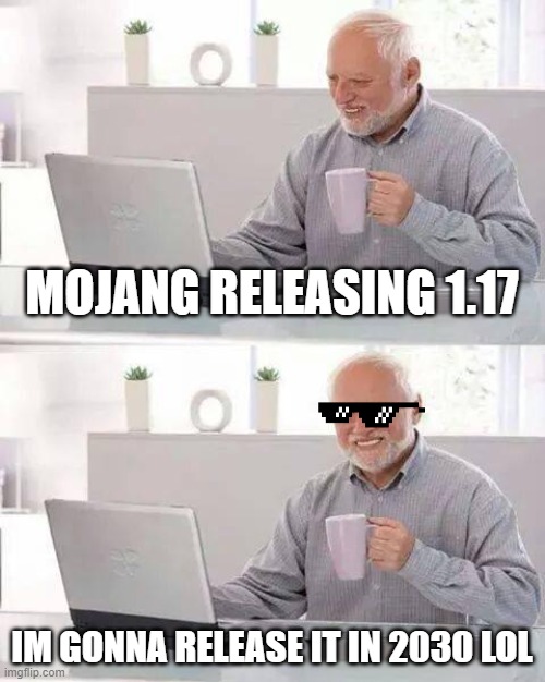 Hide the Pain Harold Meme | MOJANG RELEASING 1.17; IM GONNA RELEASE IT IN 2030 LOL | image tagged in memes,hide the pain harold | made w/ Imgflip meme maker