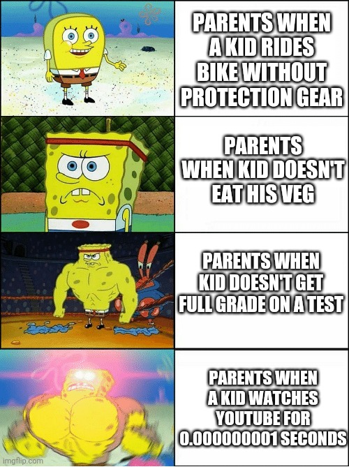 Parents be like | PARENTS WHEN A KID RIDES BIKE WITHOUT PROTECTION GEAR; PARENTS WHEN KID DOESN'T EAT HIS VEG; PARENTS WHEN KID DOESN'T GET FULL GRADE ON A TEST; PARENTS WHEN A KID WATCHES YOUTUBE FOR 0.000000001 SECONDS | image tagged in parents | made w/ Imgflip meme maker