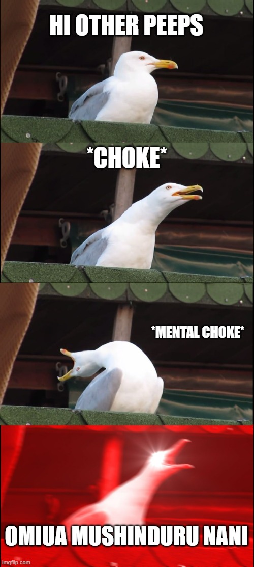 Inhaling Seagull | HI OTHER PEEPS; *CHOKE*; *MENTAL CHOKE*; OMIUA MUSHINDURU NANI | image tagged in memes,inhaling seagull | made w/ Imgflip meme maker