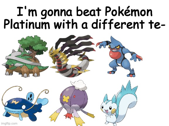 At least I don't use the same team as everyone else on the planet. | I'm gonna beat Pokémon Platinum with a different te- | image tagged in blank white template | made w/ Imgflip meme maker