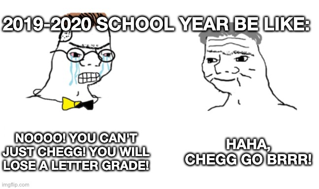 noooo you can't just | NOOOO! YOU CAN'T JUST CHEGG! YOU WILL LOSE A LETTER GRADE! HAHA, CHEGG GO BRRR! 2019-2020 SCHOOL YEAR BE LIKE: | image tagged in noooo you can't just | made w/ Imgflip meme maker