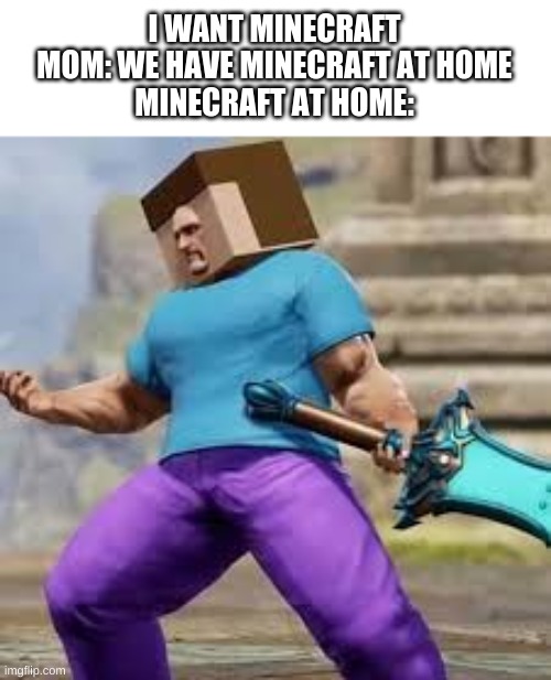 Minecraft at home | I WANT MINECRAFT
MOM: WE HAVE MINECRAFT AT HOME
MINECRAFT AT HOME: | image tagged in minecraft | made w/ Imgflip meme maker