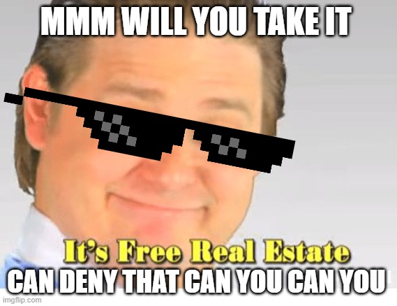 iejrierifuherkg | MMM WILL YOU TAKE IT; CAN DENY THAT CAN YOU CAN YOU | image tagged in it's free real estate | made w/ Imgflip meme maker