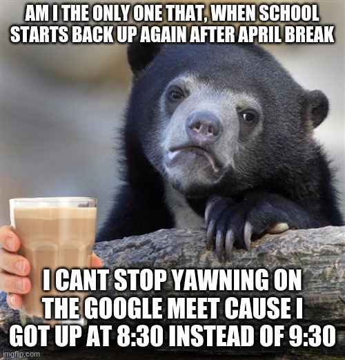 sad sloth bear | AM I THE ONLY ONE THAT, WHEN SCHOOL STARTS BACK UP AGAIN AFTER APRIL BREAK; I CANT STOP YAWNING ON THE GOOGLE MEET CAUSE I GOT UP AT 8:30 INSTEAD OF 9:30 | image tagged in memes,confession bear,funny memes,sad,choccy milk,online school | made w/ Imgflip meme maker
