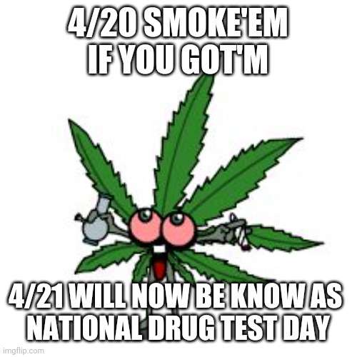 Pot leaf  | 4/20 SMOKE'EM IF YOU GOT'M; 4/21 WILL NOW BE KNOW AS 
NATIONAL DRUG TEST DAY | image tagged in pot leaf | made w/ Imgflip meme maker