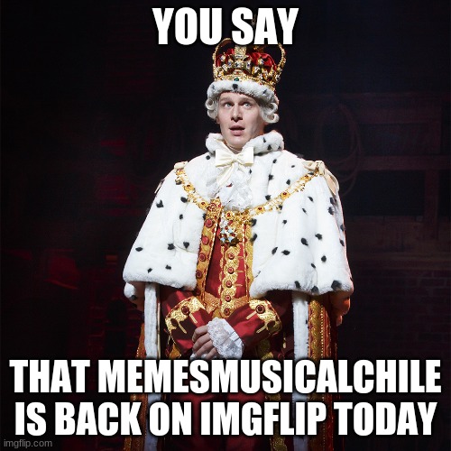 welcome bacc! | YOU SAY; THAT MEMESMUSICALCHILE IS BACK ON IMGFLIP TODAY | image tagged in king george hamilton | made w/ Imgflip meme maker