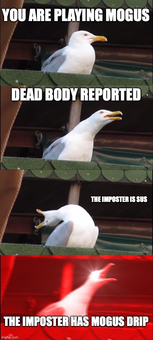 Mogus | YOU ARE PLAYING MOGUS; DEAD BODY REPORTED; THE IMPOSTER IS SUS; THE IMPOSTER HAS MOGUS DRIP | image tagged in memes,inhaling seagull | made w/ Imgflip meme maker