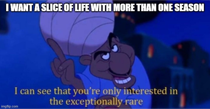 i see you're only interested in the exceptionally rare | I WANT A SLICE OF LIFE WITH MORE THAN ONE SEASON | image tagged in i see you're only interested in the exceptionally rare,anime meme | made w/ Imgflip meme maker