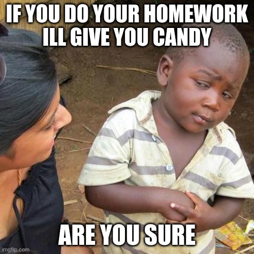 Third World Skeptical Kid | IF YOU DO YOUR HOMEWORK
ILL GIVE YOU CANDY; ARE YOU SURE | image tagged in memes,third world skeptical kid | made w/ Imgflip meme maker