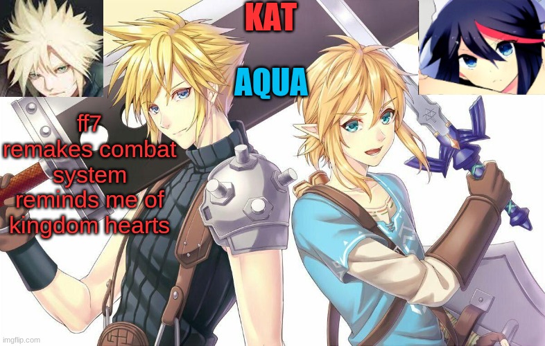 ff7xbotw announcement template | ff7 remakes combat system reminds me of kingdom hearts | image tagged in ff7xbotw announcement template | made w/ Imgflip meme maker