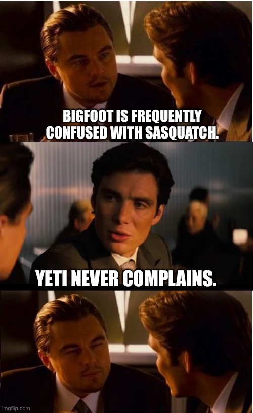 Big Foot | BIGFOOT IS FREQUENTLY CONFUSED WITH SASQUATCH. YETI NEVER COMPLAINS. | image tagged in memes,inception | made w/ Imgflip meme maker