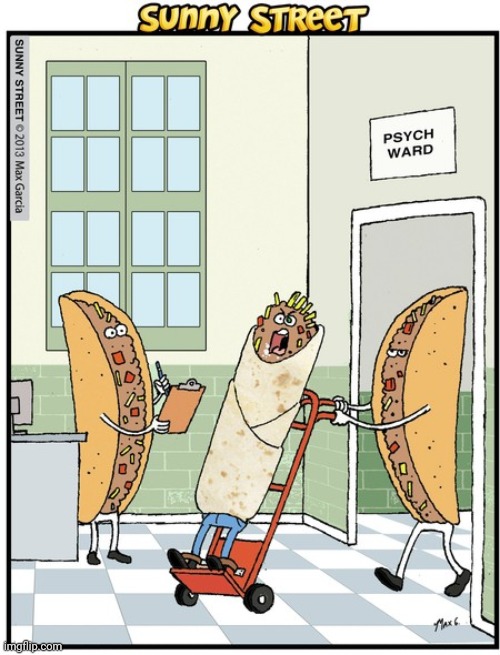 Tacos take the burrito to the psych ward | image tagged in tacos,burrito,comics/cartoons,comics,comic,psych | made w/ Imgflip meme maker
