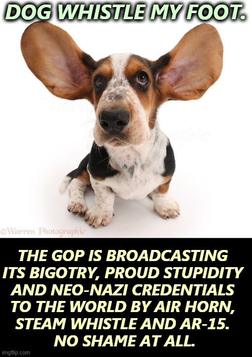 The Republican Party has lost its mind. | DOG WHISTLE MY FOOT. THE GOP IS BROADCASTING 

ITS BIGOTRY, PROUD STUPIDITY 
AND NEO-NAZI CREDENTIALS 
TO THE WORLD BY AIR HORN, 
STEAM WHISTLE AND AR-15. 
NO SHAME AT ALL. | image tagged in republican party,insane,crazy,nuts,racist,sexist | made w/ Imgflip meme maker